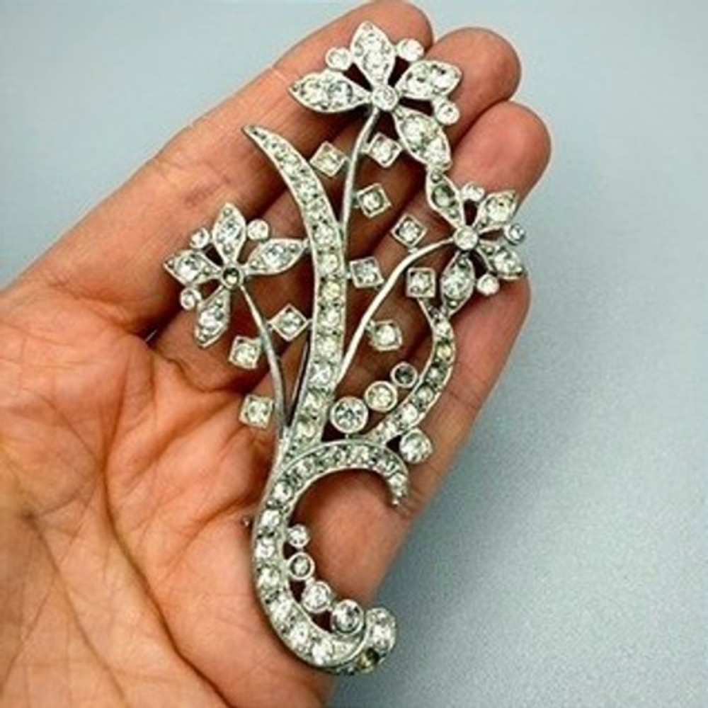 Vintage Pot Metal Floral Rhinestone Brooch c. 1940s Silver Tone Extra Large